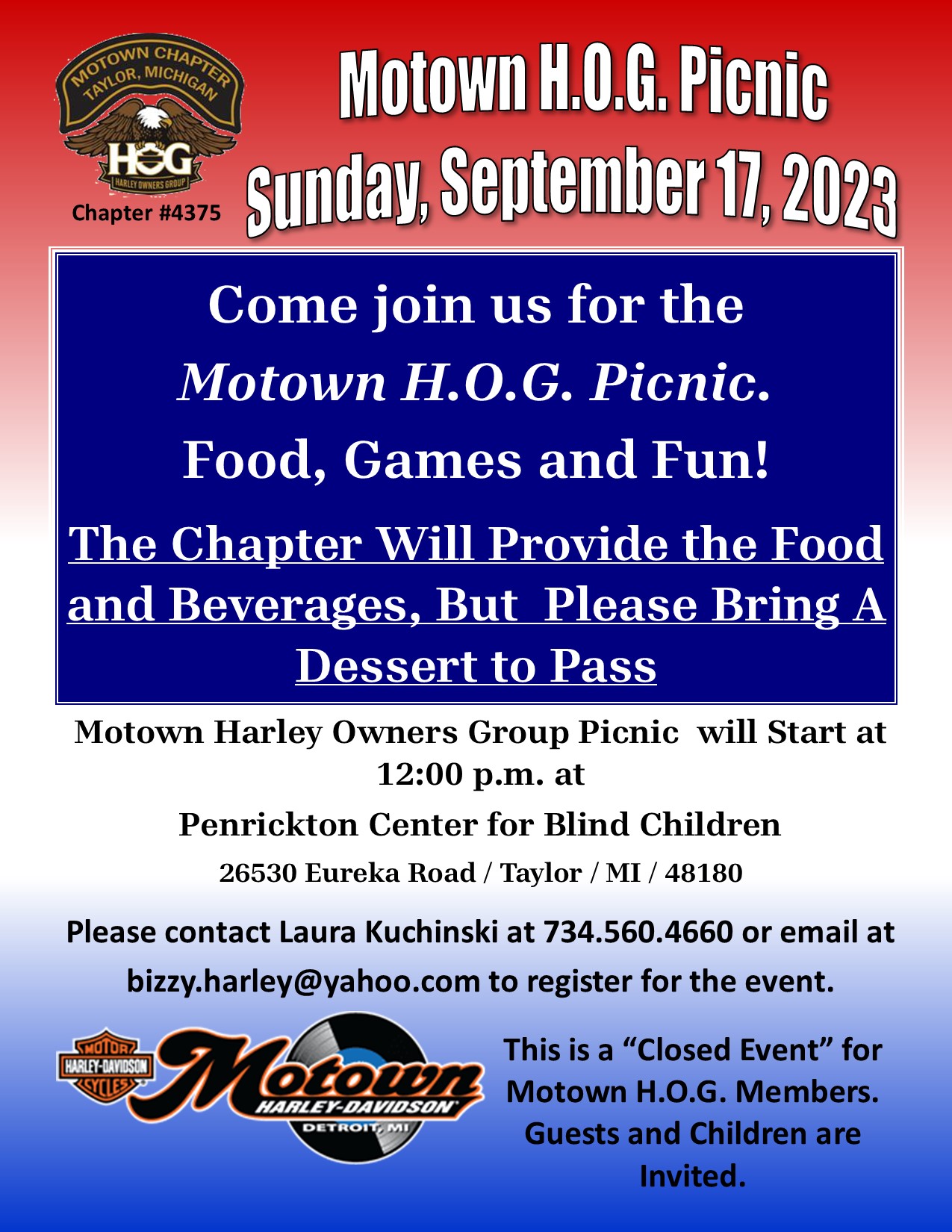 2023 HOG Picnic Flyer.jpg Motown Chapter 4375 Taylor Michigan H.O.G.